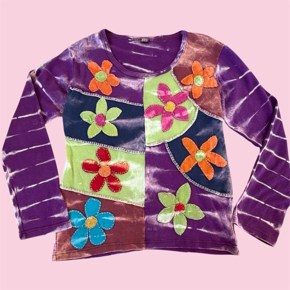 Y2K boho KPC purple tie-dye long sleeve top with colorful floral appliqués
